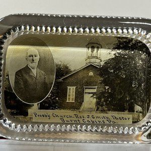 4” Old Glass Paperweight Picture 1 Pound!  Burnt Cabins Church Pa.  Pastor Photo